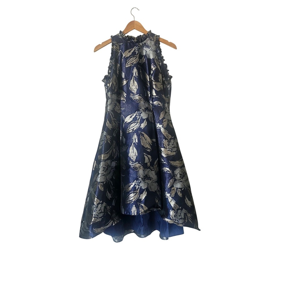 Adrianna Papell Blue Metallic Floral Jacquard Fit & Flare Cocktail Dress Size 8